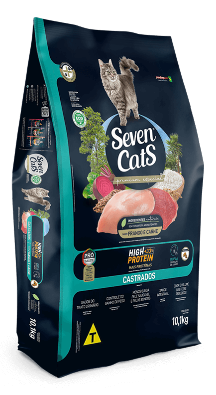 SEVEN CATS GATOS CASTRADOS, FRANGO E CARNE 10kg
