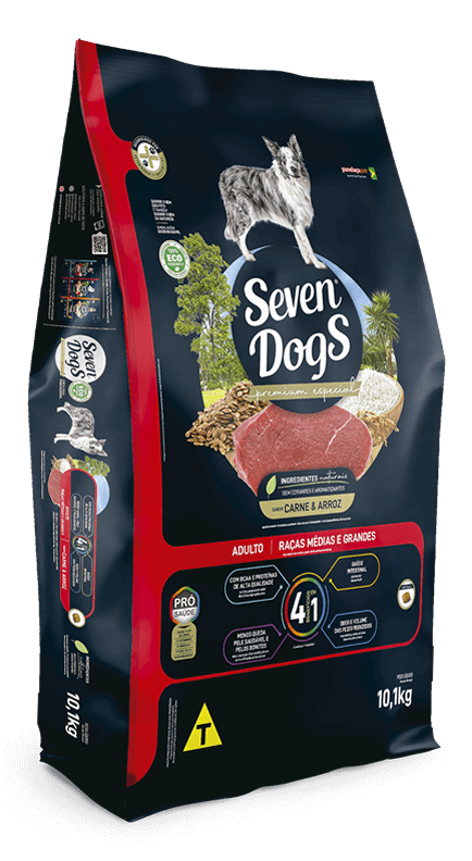 SEVEN DOGS,  ADULTOS  RAÇAS MÉDIAS E GRANDES CARNE E ARROZ 14KG