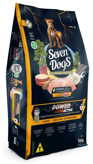 SEVEN DOGS POWER ACTIVE, FILHOTES FRANGO, BATATA DOCE 14KG